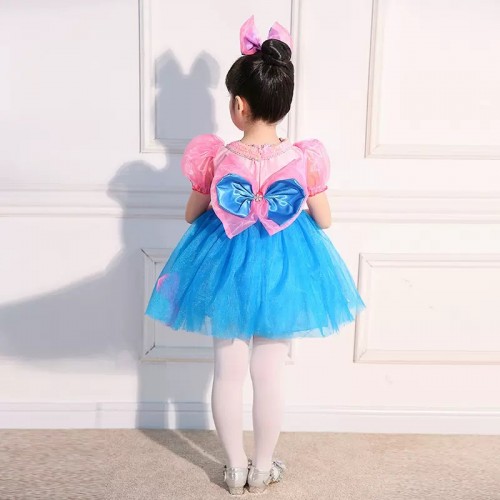 Girls kids  Blue with Pink Jazz Dance Costumes Princess Dresses Toddlers Stage Performance Choir Dancers Performance Tutu Skirts for Children